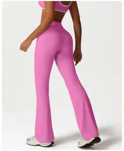 High waist flare yoga pants for women pink gym fitness workout running trousers detail.