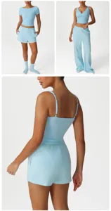 Stylish women casual lounge set light blue crop top pants matching comfortable wear