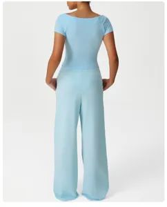 Detailed back view of a light blue short sleeve top and wide leg pants loungewear set.
