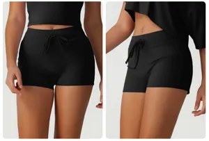 Short de yoga moulant taille haute avec cordon pour femme, short de sport fitness course détail.