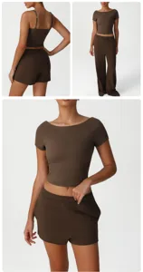 Brown casual activewear set detail showing women top tank shorts and pants stylish fit.