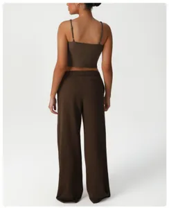 Women brown casual sportswear lounge set, featuring a stylish tank top and wide leg pants.