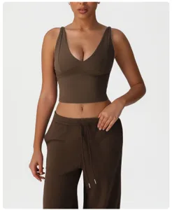 Brown casual sports vest and high-waisted wide-leg sweatpants set for women fitness and daily wear.