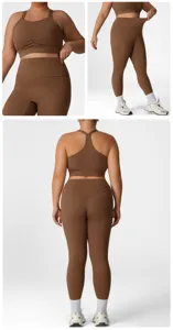 Plus size brown yoga set detail showing high waist leggings and sports bra support.