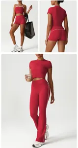 Set yoga fitness a vita alta senza cuciture con crop top e leggings per allenamento.