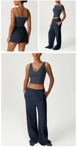 Women athletic sportswear set crop top wide leg pants casual fitness running workout outfit