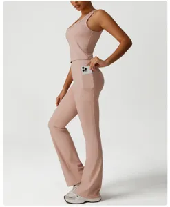Damen schnelltrocknendes Fitness Yoga Set Tanktop und Schlaghose mit Handytasche fuer Sport.