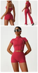 Set fitness a vita alta senza cuciture da donna, pantaloncini da yoga e crop top con zip.