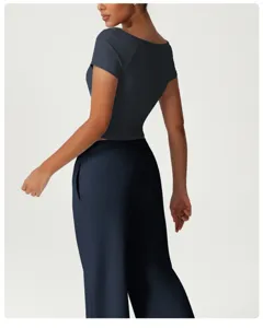 Women casual sportswear set solid dark blue short sleeve top high waist wide leg pants
