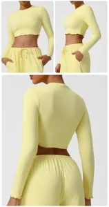 Details of the light yellow long sleeve crop top and lounge pants set, soft and breathable.