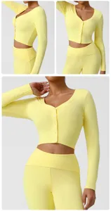 Ensemble haut court côtelé col V et legging jaune, vêtement de sport fitness à manches longues.