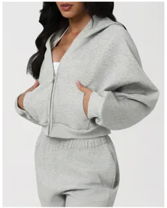 Grey zip up hoodie and sweatpants tracksuit set, casual fleece two piece outfit for women.