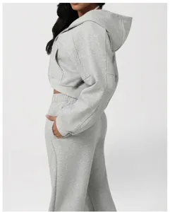 Grey cropped zip-up hoodie and matching sweatpants two piece set for casual daily wear.
