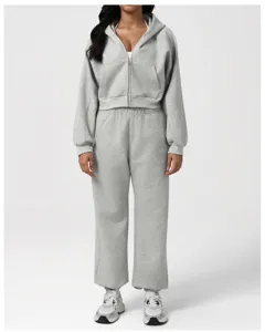 Grey hooded zip-up sweatshirt and sweatpants two-piece tracksuit, casual thick cozy wear.