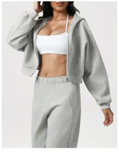 Women casual grey zip hoodie white sports bra sweatpants athleisure set detail view
