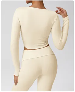 Ensemble haut court côtelé à manches longues et pantalon de yoga, fitness slim sport.