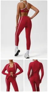 Damen Sport Yoga Set rot Fitnessbekleidung Langarmjacke High Waist Leggings Fitnessanzug