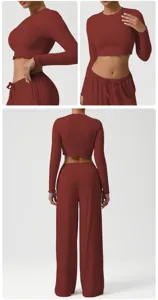Women long sleeve yoga crop top and pants set athletic gym fitness activewear suit detail view