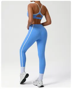 Blaues Color-Block Sport Yoga Set Detail, mit elastischem Bustier und passenden Leggings.
