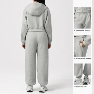 Women casual solid gray zip hoodie and sweatpants two piece sportswear set for daily wear