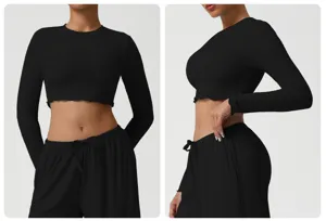 Black long sleeve crop top detail, athletic style with lettuce hem and slim fit for yoga.