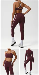 Detailaufnahme des bordeauxroten Yoga-Sets mit Kontraststreifen und elastischem Stoff.