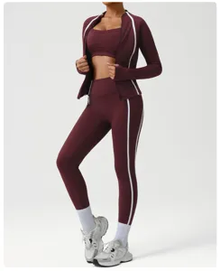 Damen bordeaux Sportbekleidung Set Jacke Sport-BH High Waist Leggings Fitness Yoga