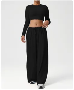 Women black long sleeve crop top and loose wide leg casual pants set for fitness yoga sportswear