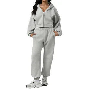 Women casual grey hooded zip-up cropped sweatshirt and matching sweatpants tracksuit main view