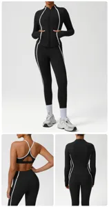 Damen Kontrastfarbe Sport Yoga Set Detail mit Langarm Reißverschluss Jacke Sport-BH und Leggings