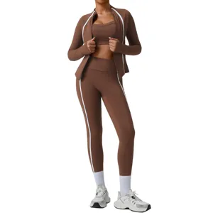 Ensemble de Sportif Bloc de Couleur pour Femmes Nylon Spandex Haute Élasticité Leggings Push Up Veste de Fitness Tenue d'Entraînement