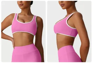 Vue détaillée de soutien-gorge de sport rose, montrant l'encolure et la coupe élastique.