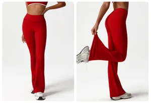High waist red flare yoga pants detail shot, showcasing stretchy activewear fabric and slim fit.