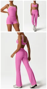Women fitness yoga set pink sports bra tank top shorts flared pants activewear
