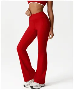 High waist red flare yoga pants for women, stretchy fitness gym workout athletic leggings.