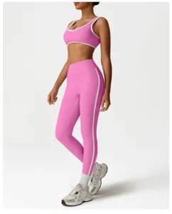 Ensemble soutiens-gorge de sport et leggings rose pour femme fitness entraînement sport