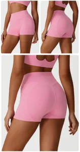 Pink high-waisted sports shorts for women, quick-dry fitness running gym activewear.