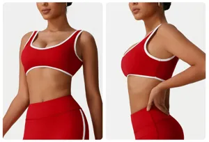 Vue détaillée d'un soutien-gorge de sport rouge à bordure blanche et leggings assortis.