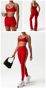 Red contrast trim sports bra and yoga pants activewear set for women gym workout fitness.
