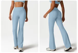 High-waisted flared yoga pants in light blue, featuring a slimming naked-feel fit for workouts.