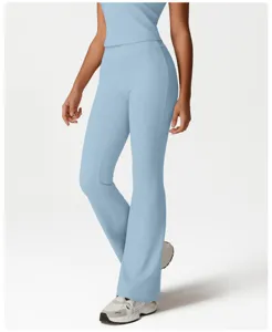 High-waist flare yoga pants detail view, showcasing premium breathable fabric and seam design.