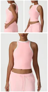 Women fitness sports contrast color tank top detail view, high elastic slim fit running top.
