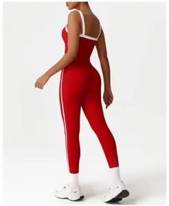 Red and white color block activewear set, slim fit high waist yoga pants, detail view.