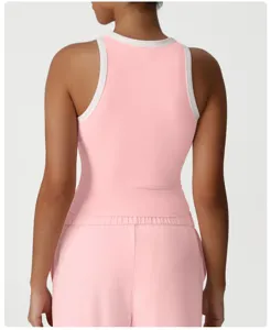 Pink contrast trim fitness tank top back view, elastic sports athletic activewear apparel.