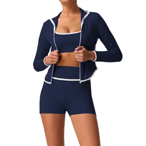 Women Activewear Set High Waist Seamless Fitness Gym Yoga Outfit Long Sleeve Jacket Shorts Athletic Tracksuit