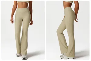 High waist flare yoga pants detail view, nude feel slimming athletic trousers showing side curve.