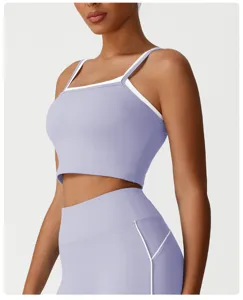 Femme Faux Deux Pieces Col Carre Yoga Debardeur Haut Extensible Fitness Sport Bra Top