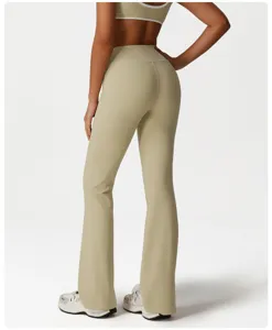 Detail view of women high waist flare yoga pants back design, soft nude feel fabric.