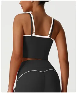 Détail du dos du haut de yoga noir faux deux pièces avec bretelles blanches et fitness.