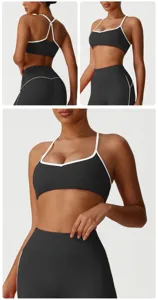 Close-up details van de zwarte sport-bh met kruisrug en de hoge taille yogabroek.